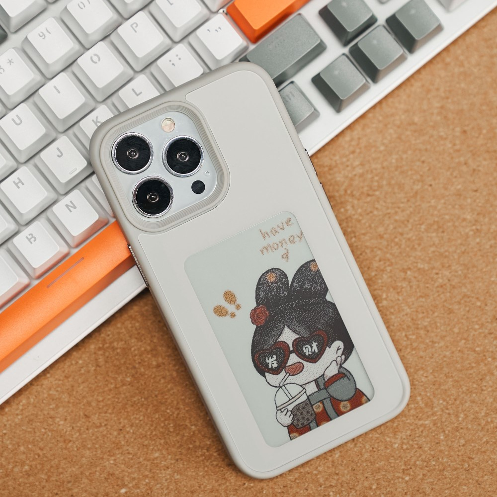 iPhone 15 Pro Max Hybrid Hülle TPU Bumper mit Acryl Rückseite   DIY E-Ink Display mit NFC Technologie - Grau