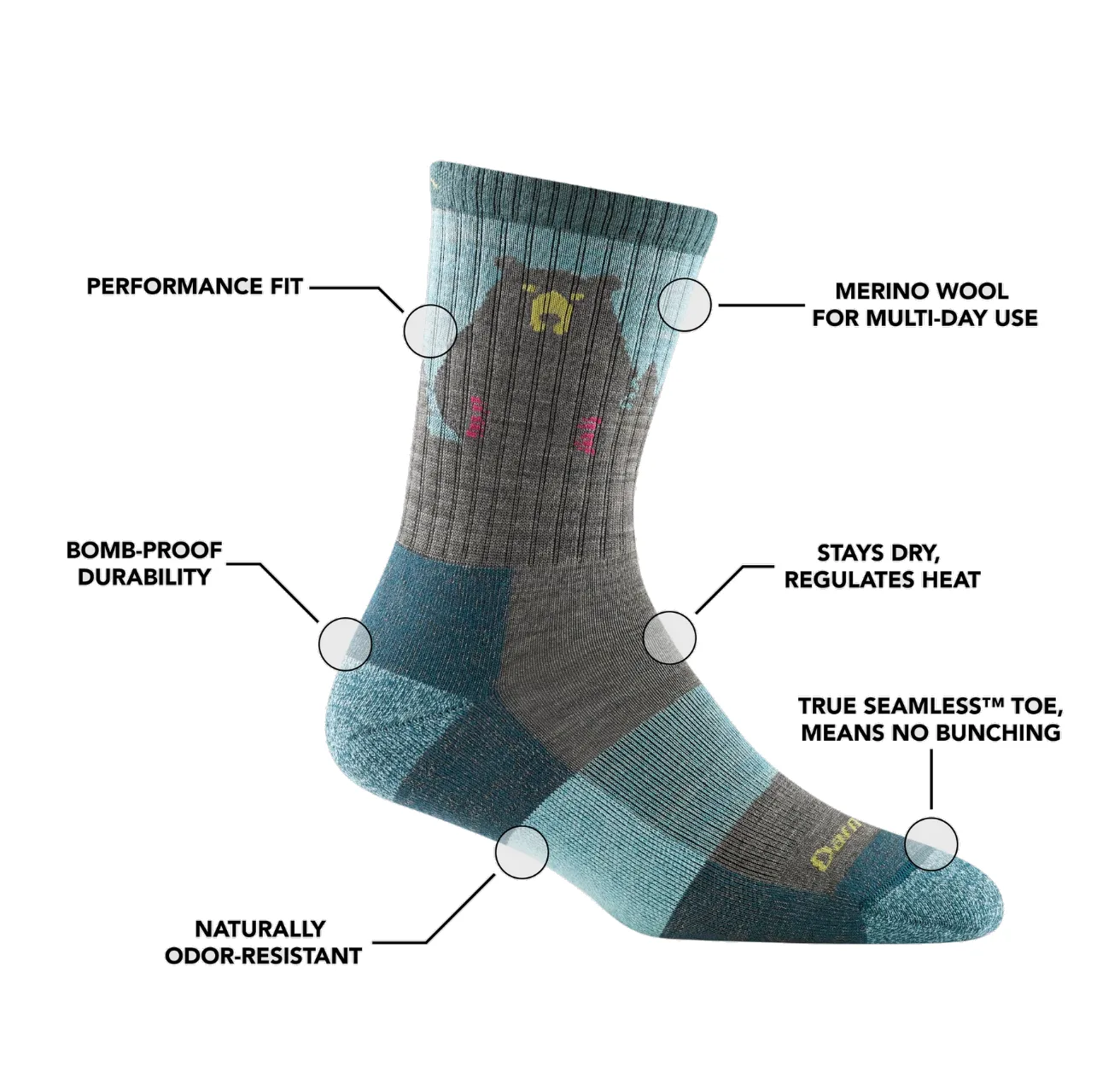 Darn Tough Women's Bear Town Micro Crew Light Cushion Aqua