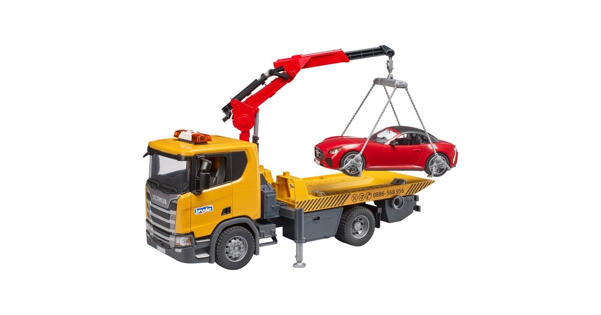 bruderScania Super 560R sleepwagen met kraan en licht en geluid + roadster sportauto Modelvoertuig  (03552)