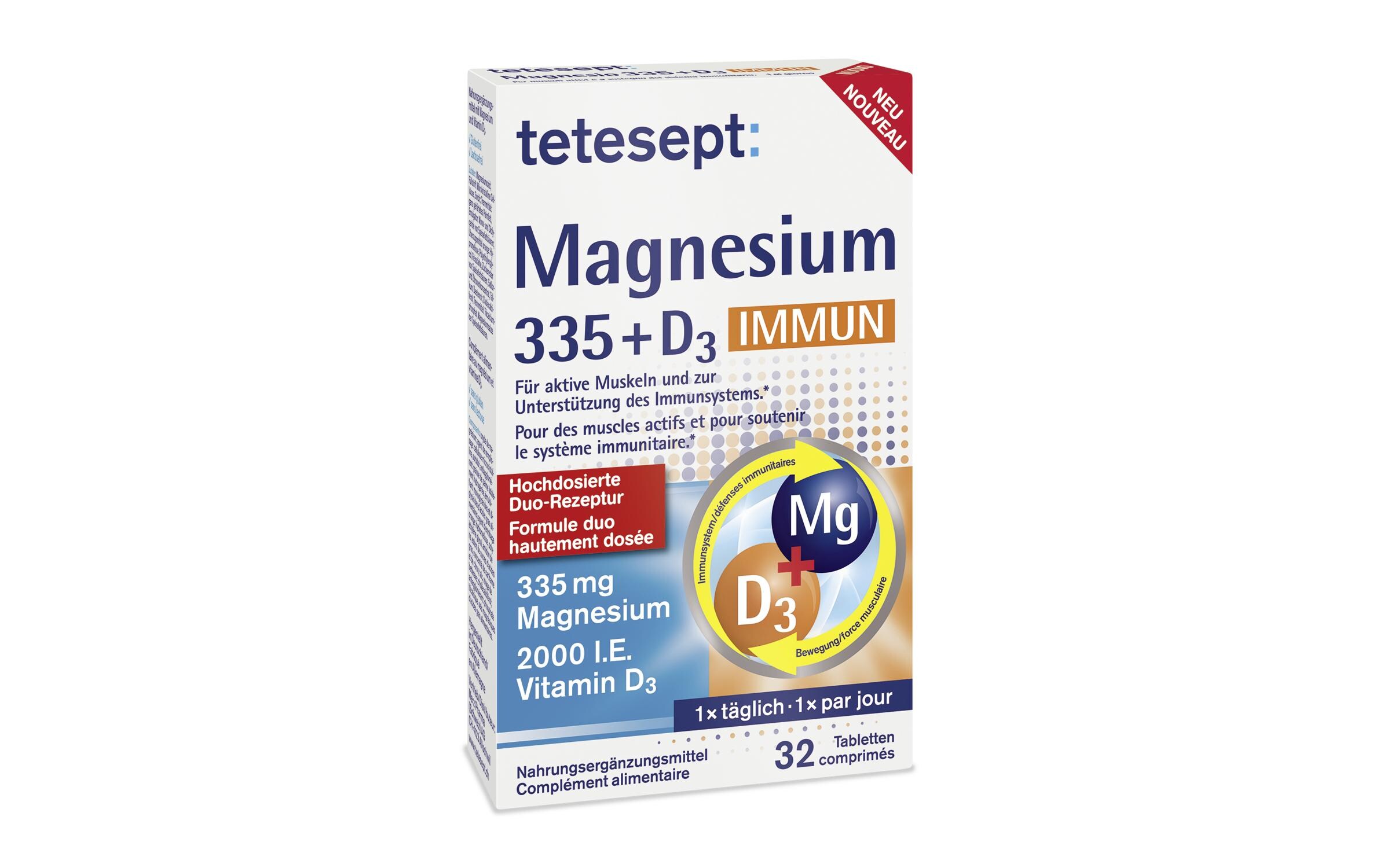 Magnesium 335 + Vitamin D3 Immun 32 TablettenNahrungsergänzungsmittel für aktive Muskeln und das Immunsystem