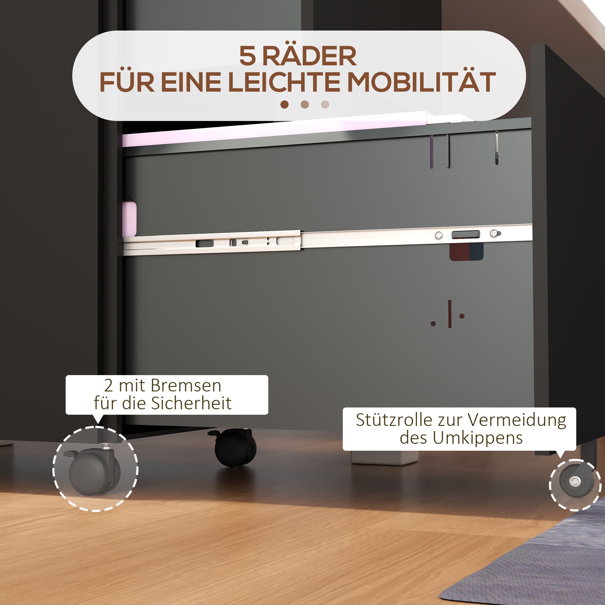 Vinsetto Rollcontainer mit 2 verschließbaren Schubladen schwarz 37L x 43,5B x 67,5H cm