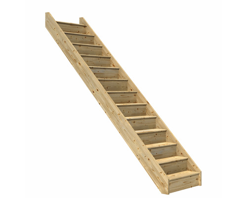 Pertura Elenie trapboom, massief sparrenhout met stootborden, onbehandeld, recht, 83,5 cm, 14 treden / 15 stootborden