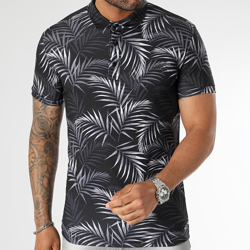 Polo Manches Courtes Slim Fit Imprimé Tropical 2859 Noir