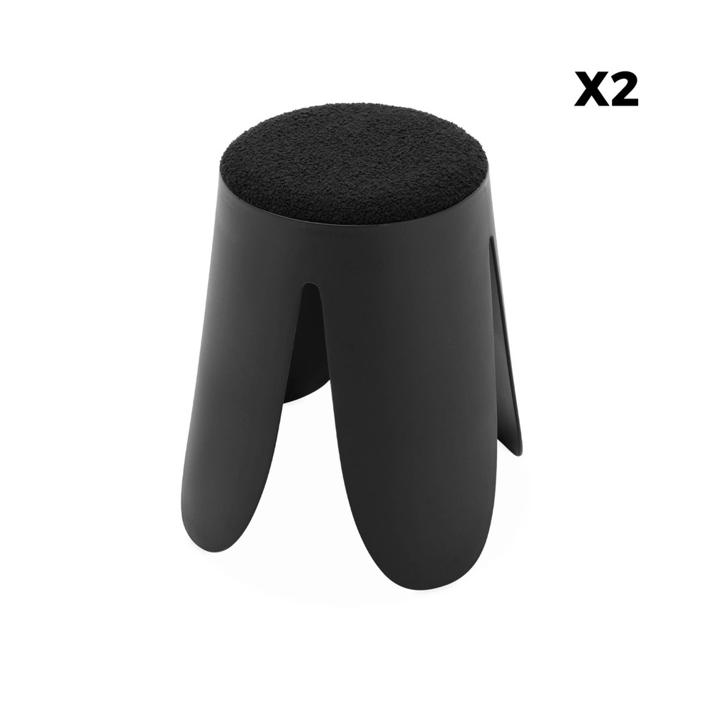 Set de 2 tabourets empilables noirs. Bouclette texturée. Niki. Ø30 / 44 x h46cm