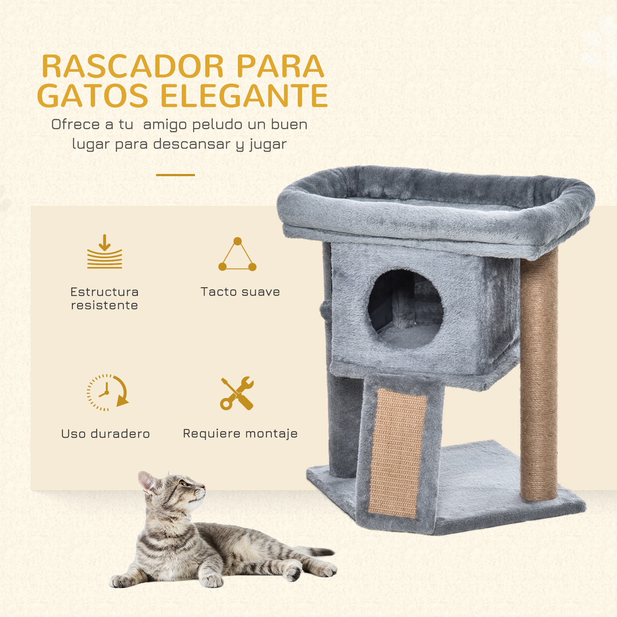 Árvore para Gatos PawHut de 57 cm para Gatos Pequenos, Torre para Gatos com Poste de Juta, Rampa para Arranhar, Cama e Bola Pendurada, 40x40x57 cm, Cinza