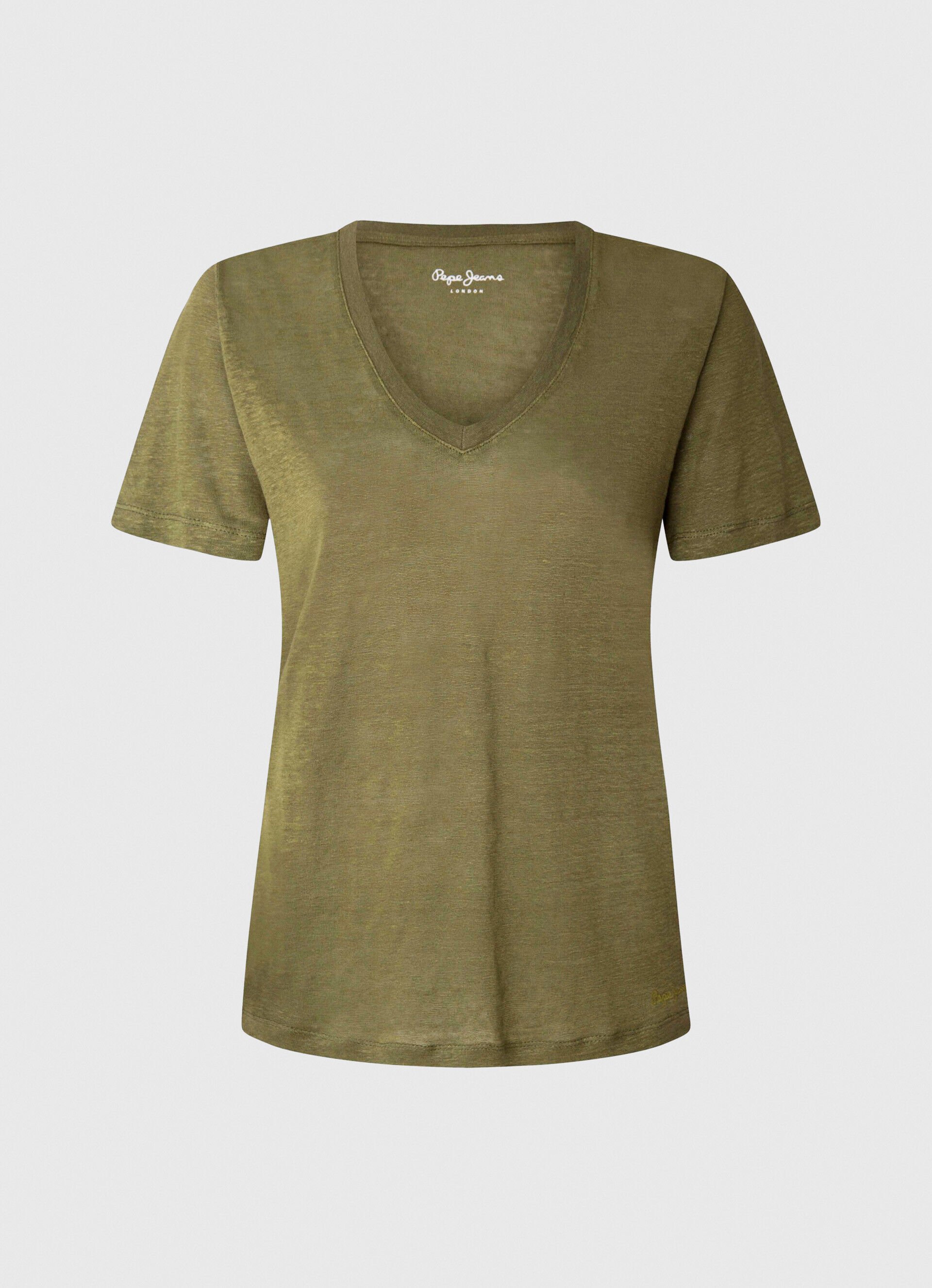 Camiseta de linho com decote em V - verde-oliva