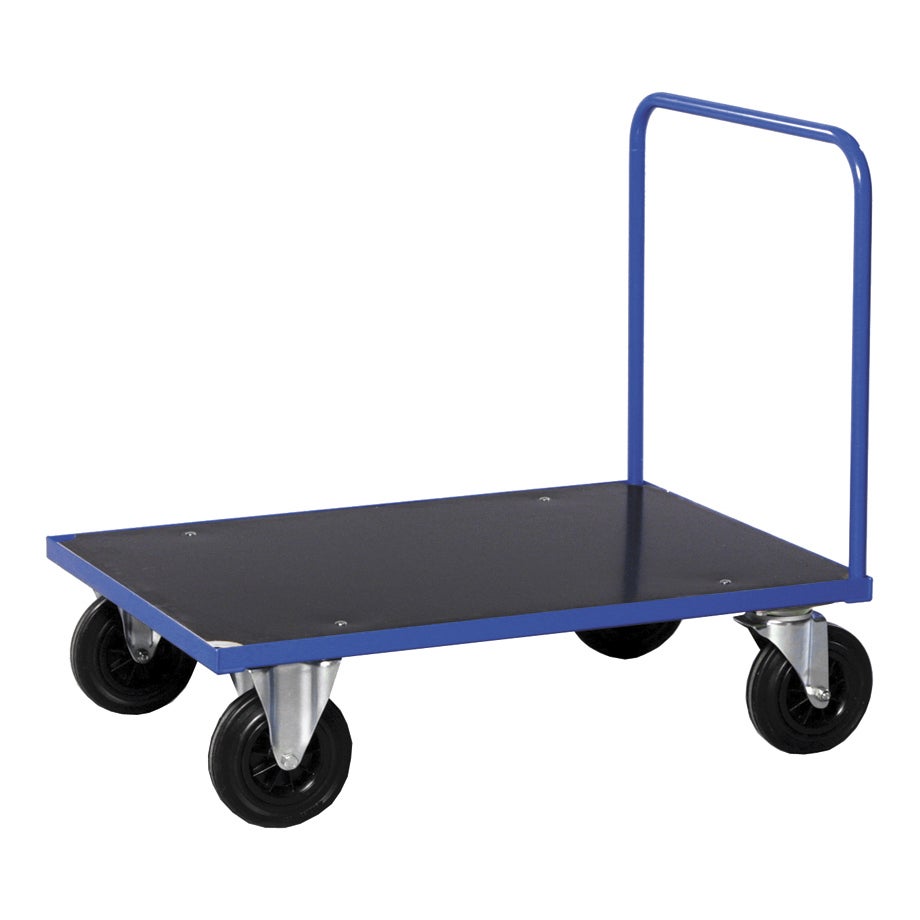 Kongamek platformwagen in blauw, 1200x800x900mm, met open duwbeugel en rubberen banden, zonder remmen