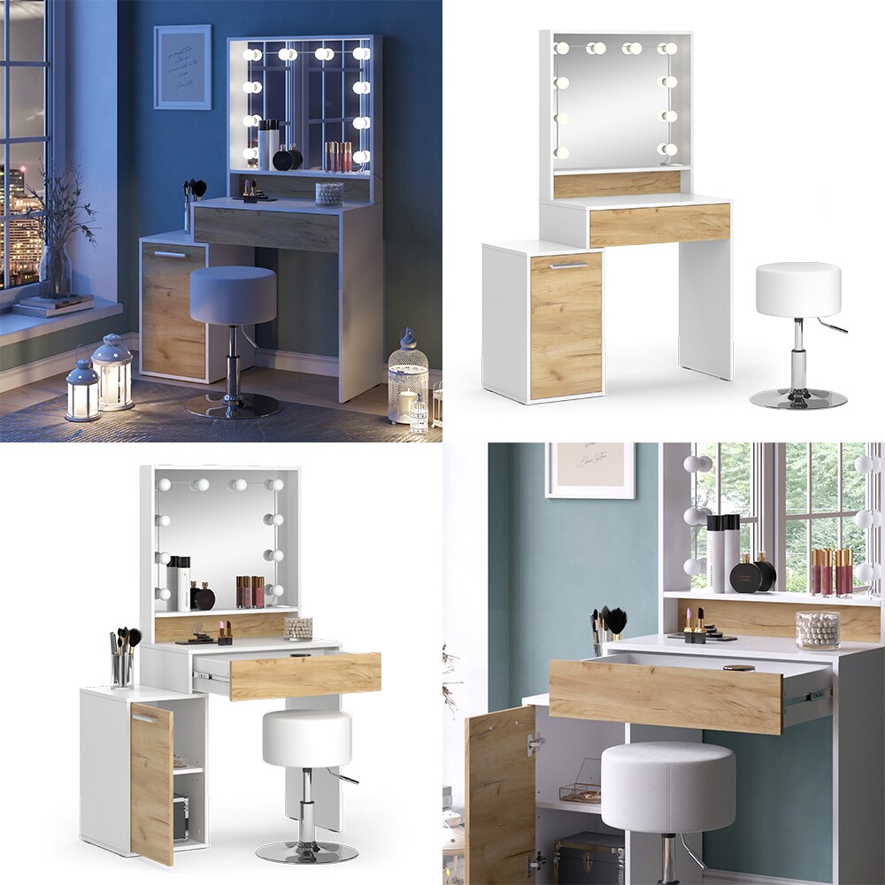 Vicco Schminktisch Altea 95 x 145 cm Weiß Eiche Frisiertisch Spiegel Hocker LED