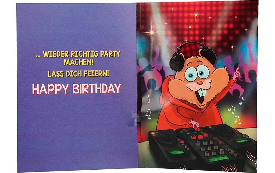 Musikkarte beweglich Geburtstag HamsterradLustige Geburtstagskarte mit Musik und Hamster Motiv