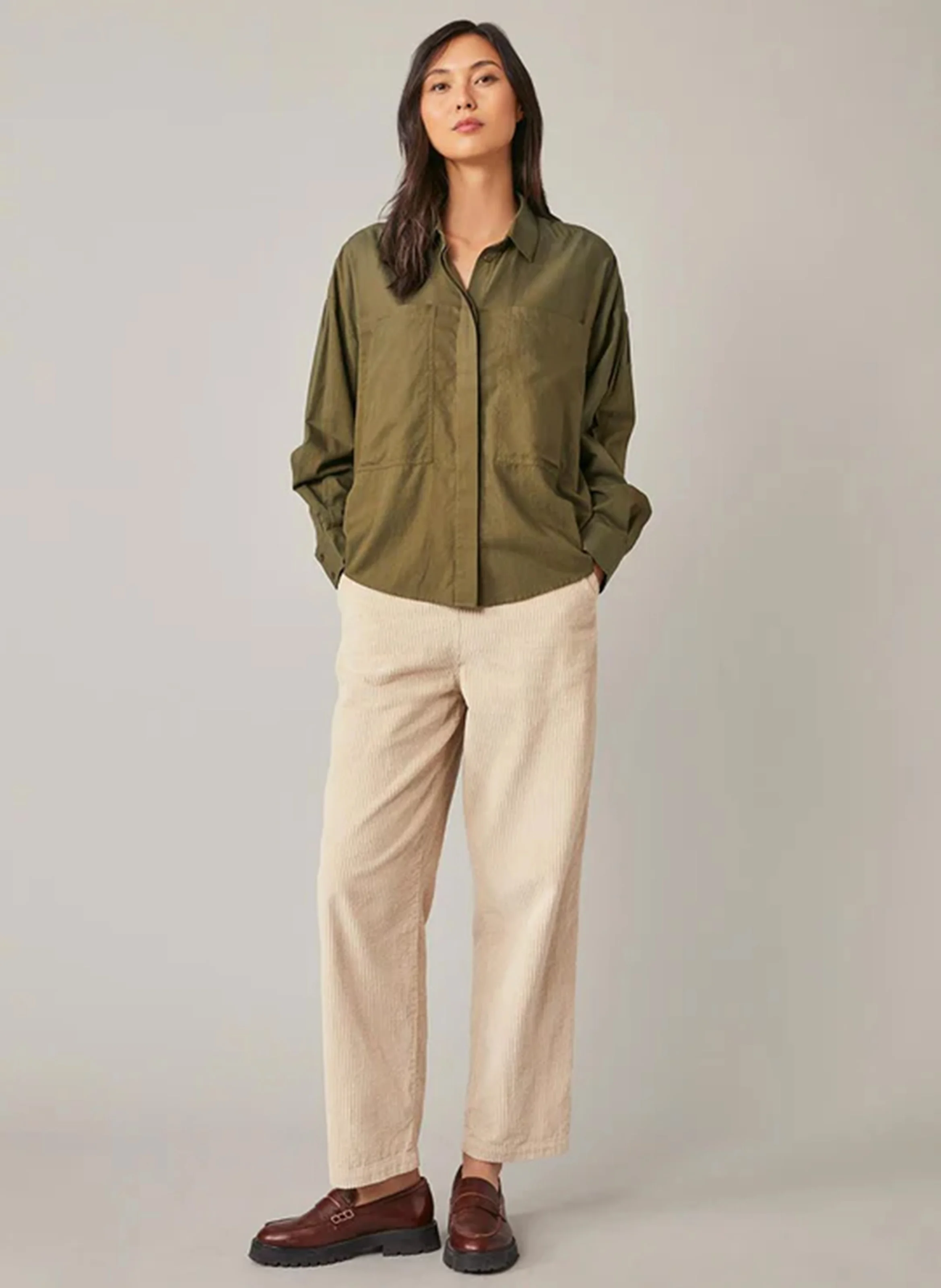 FIBY - Chemise oversize col classique en coton | Kaki