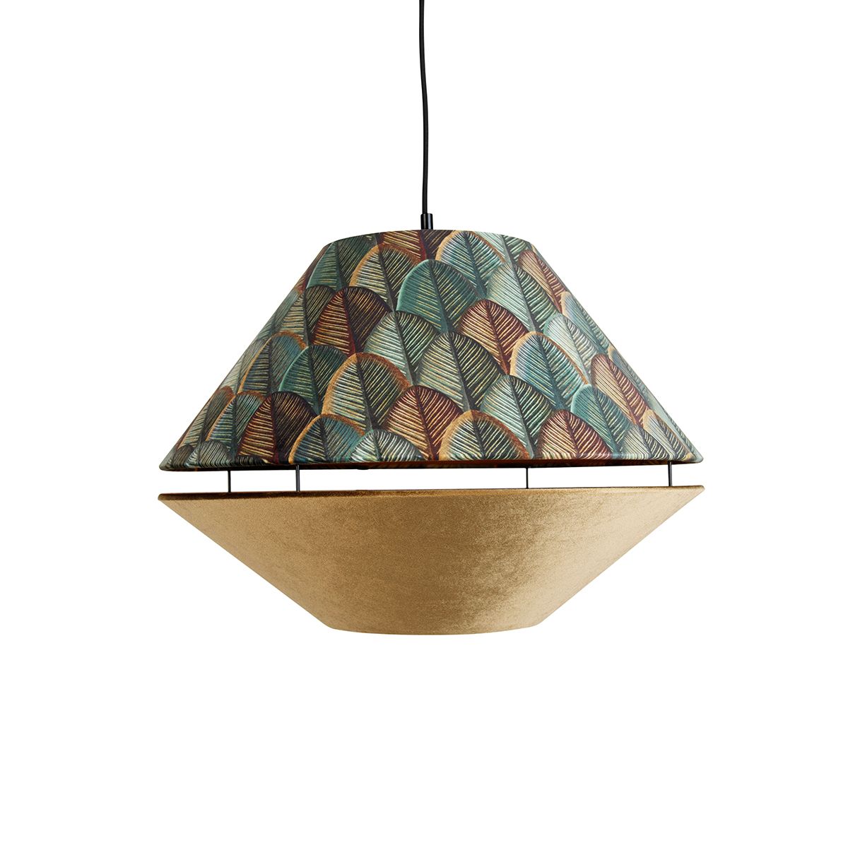 Hanglamp zwart met dubbele velours lampenkap blad dessin en beige 2-lichts - Cava Luxe