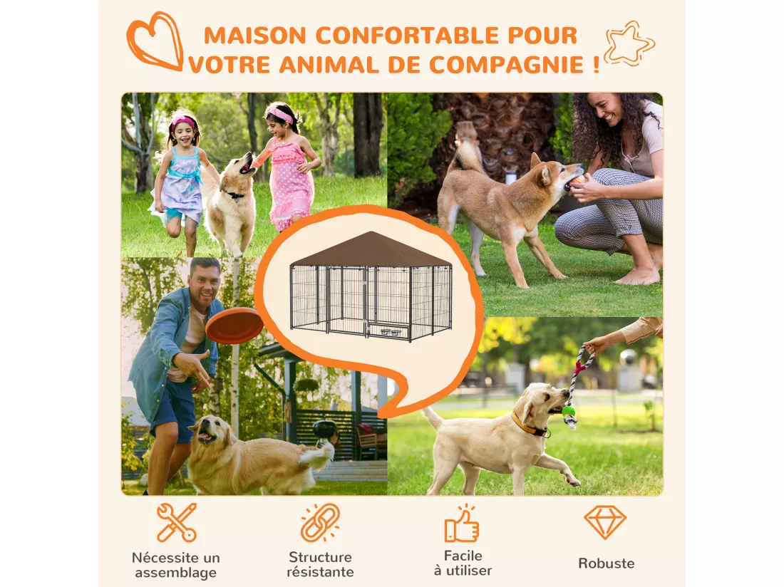 Chenil extérieur couvert pour chien 2 supports gamelles rotatifs porte verouillable acier noir