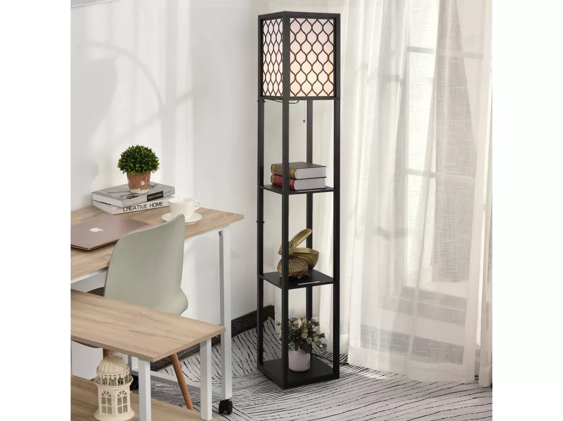 Lampadaire étagère lampe étagère 26L x 26l x 160H cm 3 étagères 4 niveaux MDF noir motif nid d'abeille