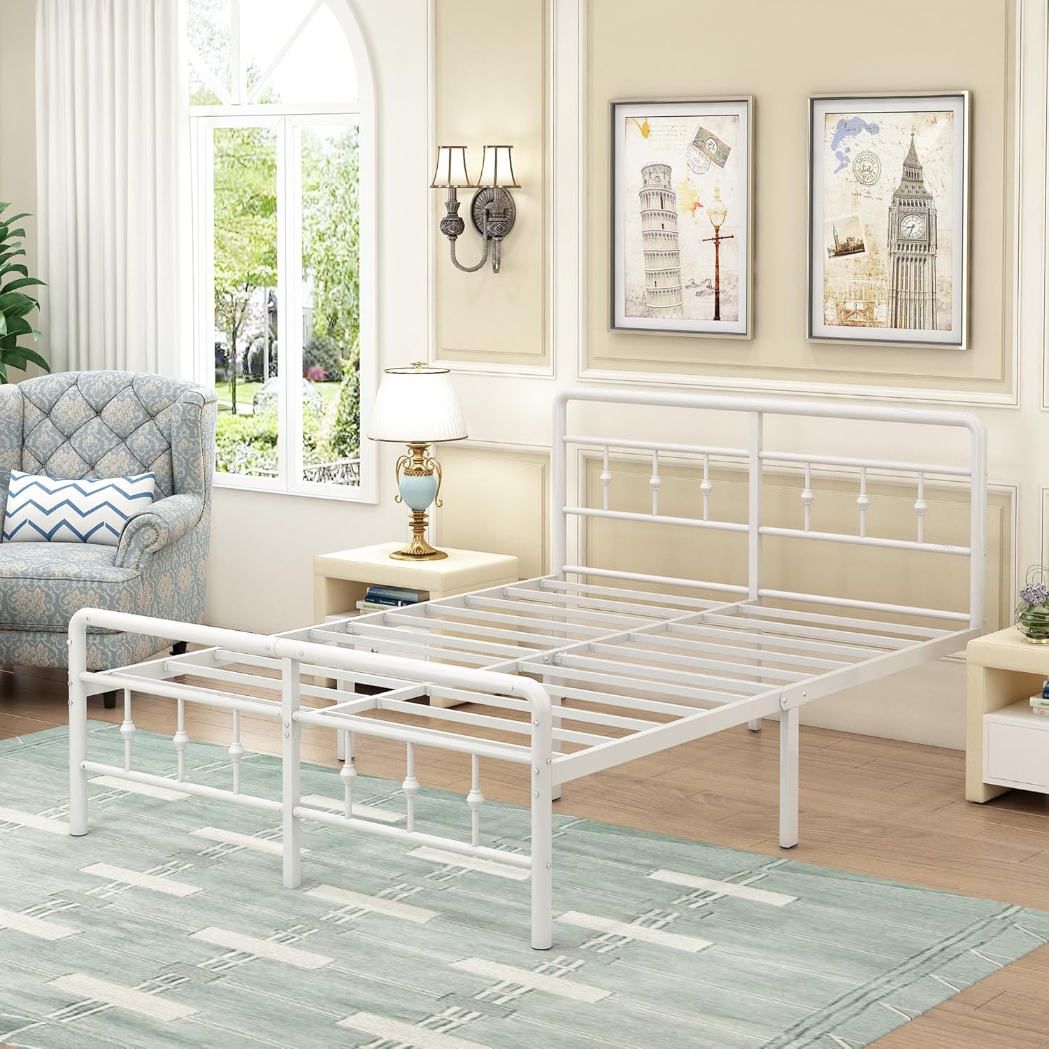 EMODA Bettgestell 120 x 200 cm, Metallbett Doppelbett mit Kopfteil und Fußteil im viktorianischen Stil, 36 cm hoch mit Stahl-Lattenrost, Geräuschfrei, Einfache Montage, Weiß