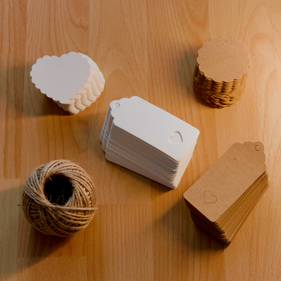 (200er Set) Geschenk Anhänger Bastel Etiketten Kraftpapieranhänger   Jute Schnur - Braun / Weiss