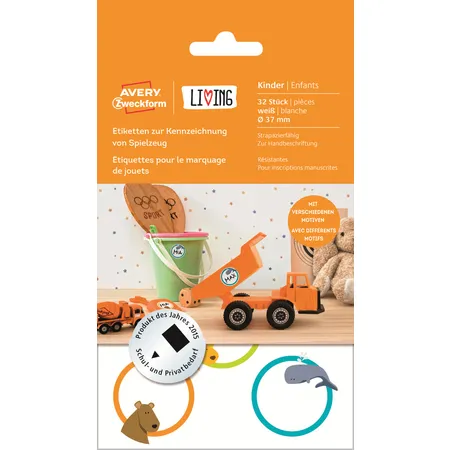 Avery Zweckform 62034 Etiketten zur Kennzeichnung von Spielzeug, Ø 37 mm, 4 Bogen/32 Etiketten, 6 Motive pro Packung, weiß