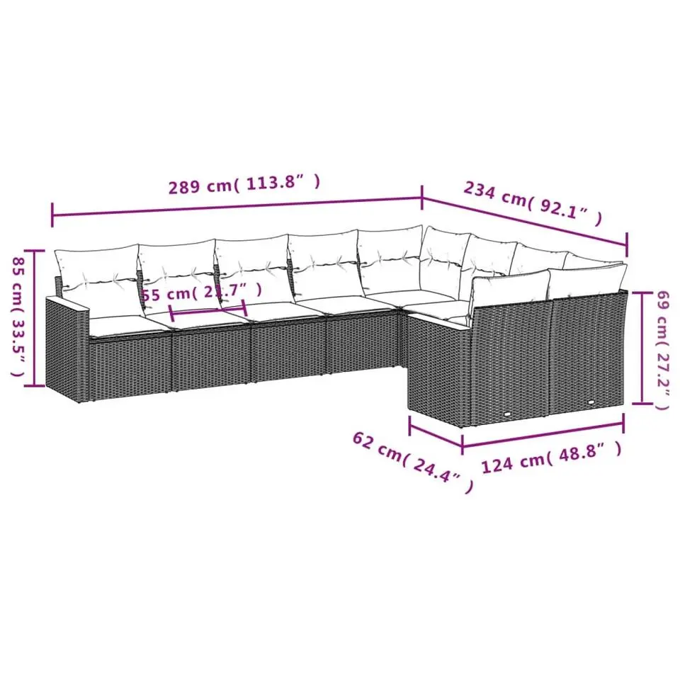 vidaXL Loungeset met kussens & hout armsteun voor 9 - Grijs - Poly rattan