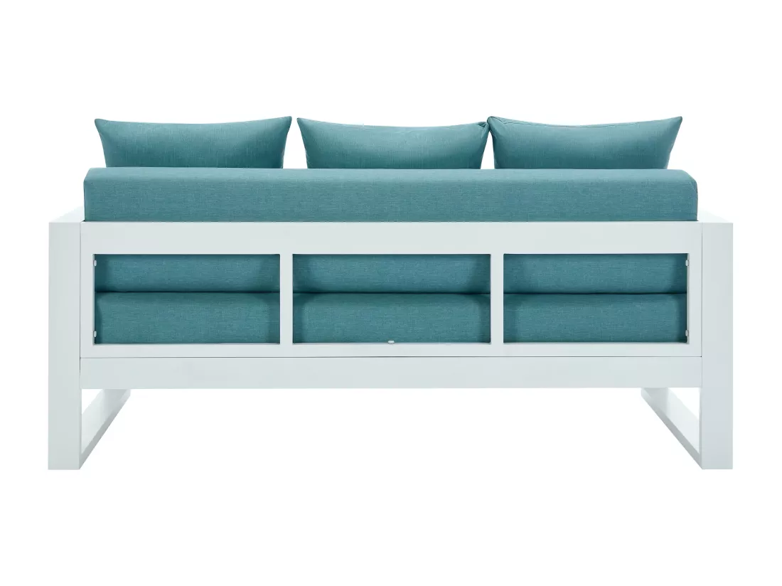 Salon de jardin en aluminium: un canapé 3 places, 2 fauteuils, une table basse - Blanc avec coussins bleus - MOLOKAI de MYLIA
