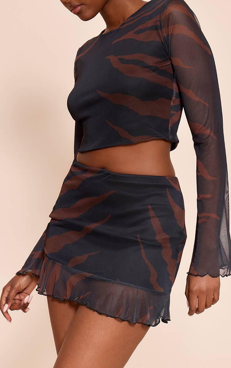 Noir Ensemble Jupe Mini En Mesh À Imprimé Abstrait Avec Ourlet À Volants