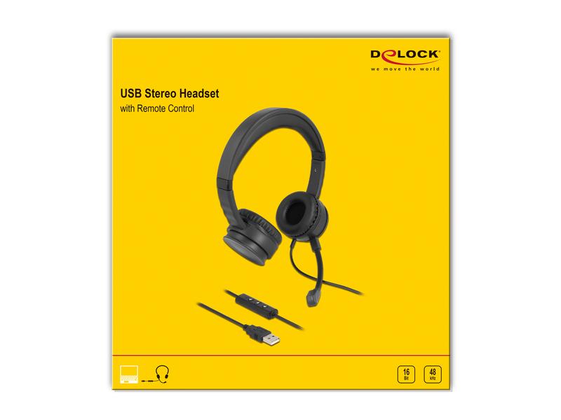 Delock Headset USB Stereo USB Stereo Headset mit Kabelfernbedienung und Quick-Mute Taste für PC und Notebook