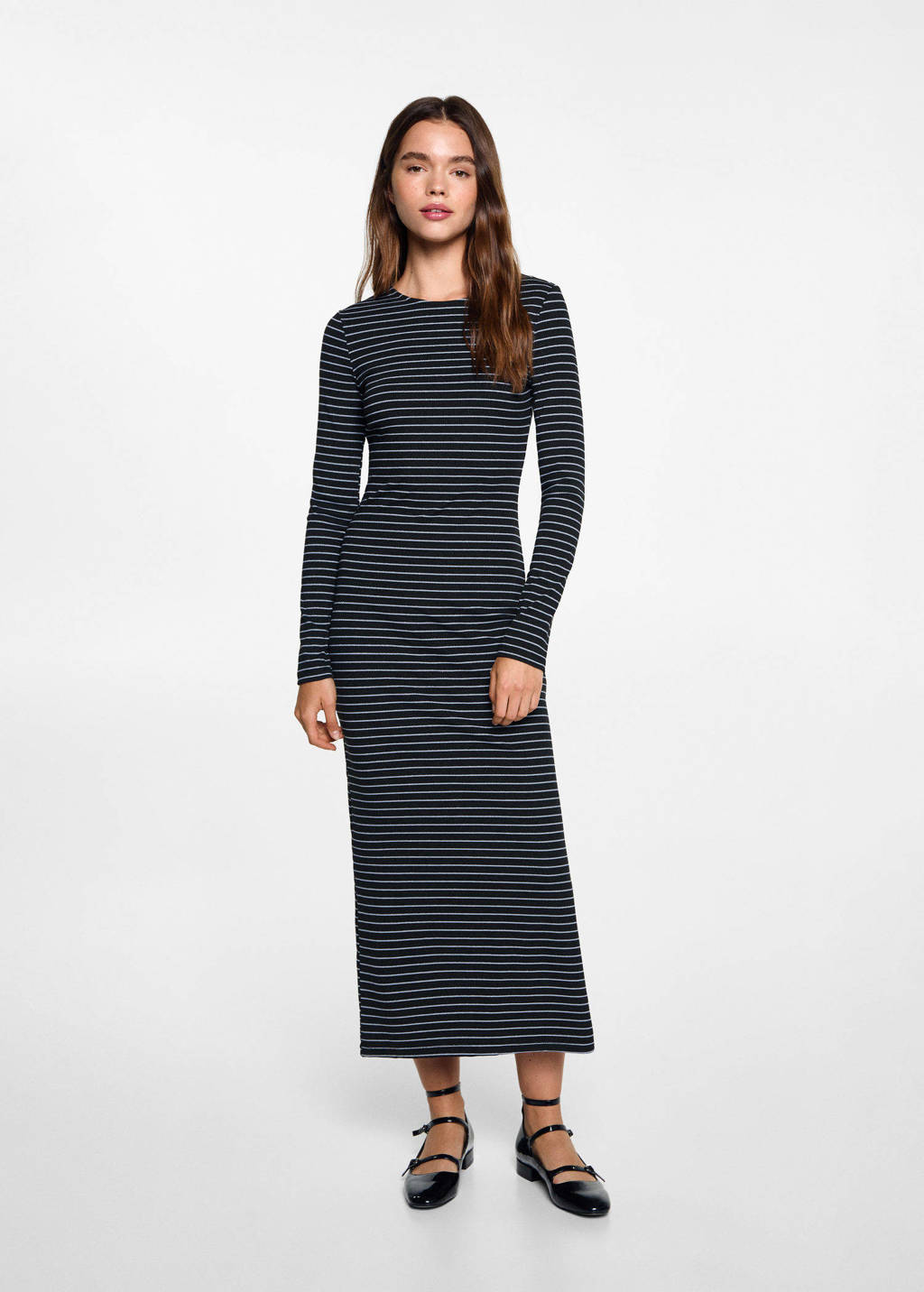 MANGO TEEN gestreepte maxi jurk met open rug donkergrijs/lichtblauw