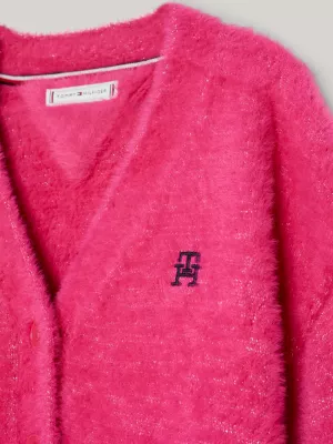 Cardigã folgado com decote em V, forrado com glitter e detalhes em pele sintética.