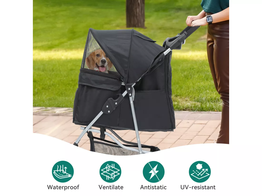 YITAHOME Poussette pour Chiens Petite et Moyenne Taille - 4 Roues avec Panier de Rangement - Pliable - avec Porte-Gobelet - Noir