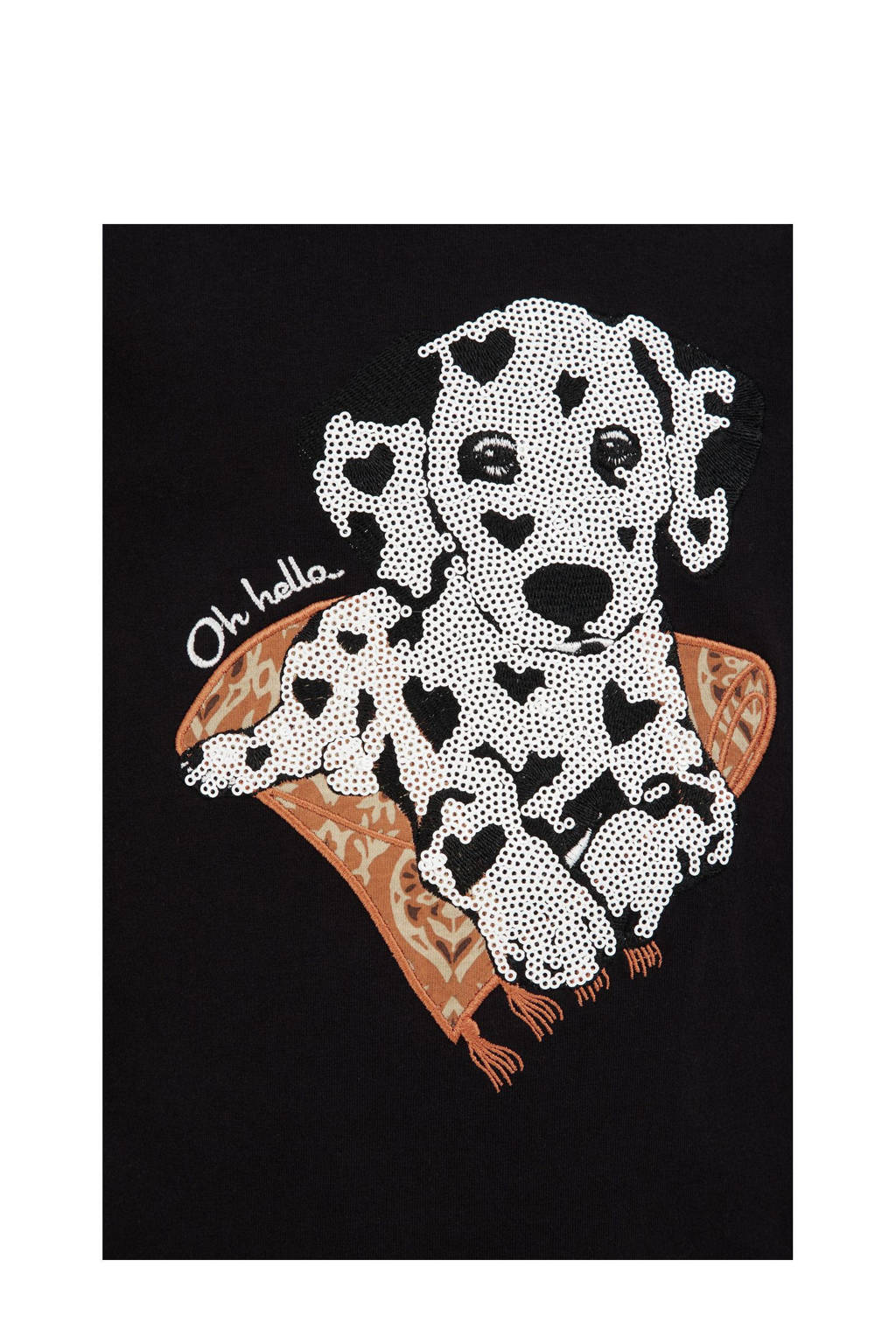 WE Fashion longsleeve met printopdruk en ruches zwart