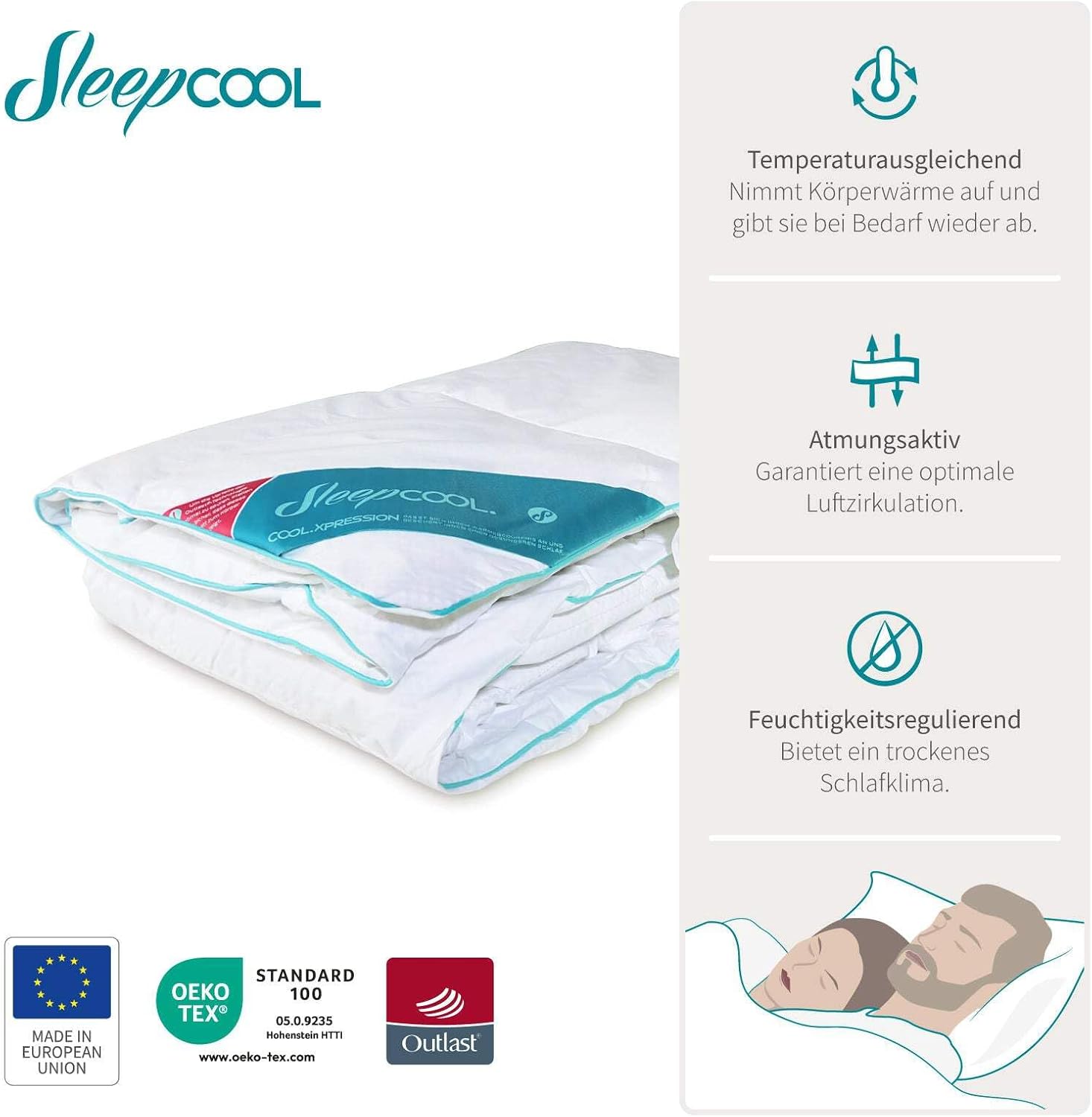 Temperaturregulierende Bettdecke 135cmx200cm (400g Füllgewicht) - COOL.XPRESSION - Klima- und Feuchtigkeitsregulierend | Leichte Bettdecke | Atmungsaktiv | Ideal für den Sommer - Nicht mehr schwitzen