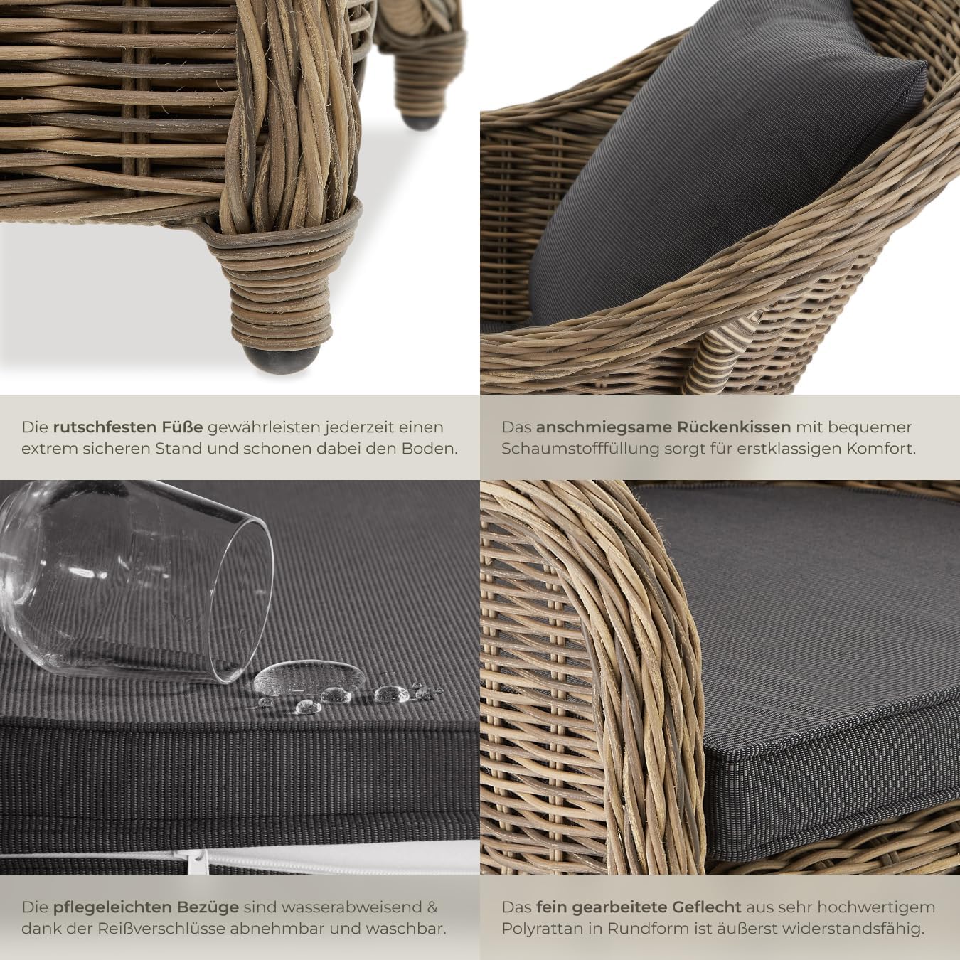 tectake® Rattan Stuhl, Garten Sessel, Outdoor Korbsessel mit Rücken- und Sitzkissen, Möbel wetterfest, Gartenmöbel, Balkonmöbel, Wintergarten - Natur