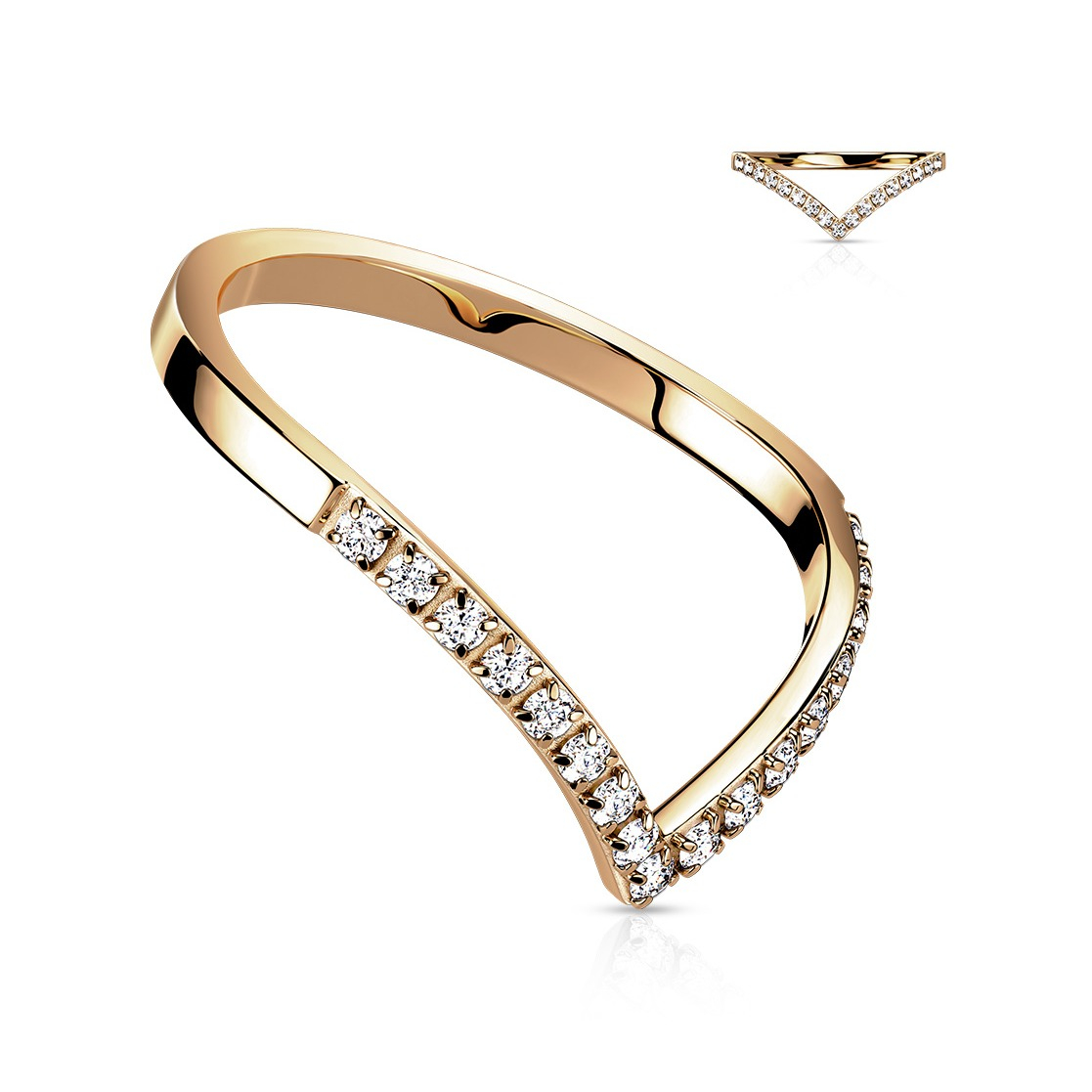 (Gr. 56) 316L Edelstahl Fingerring im Chevron Design mit Strasssteinen - Roségold