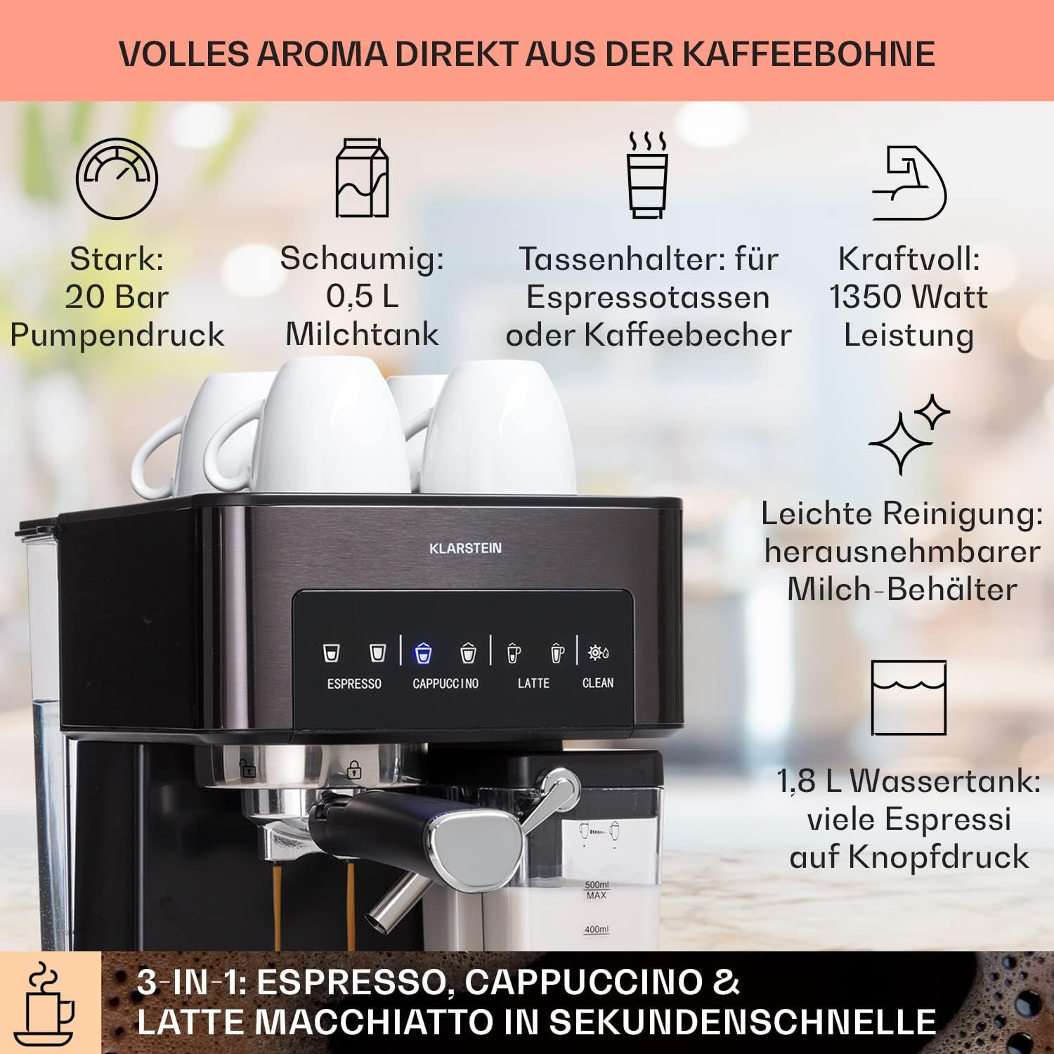 Klarstein Espresso Siebträgermaschine mit Milchaufschäumer, 1,8L Mini-Espressomaschine mit Siebträger, 20 Bar Edelstahl-Kaffeemaschine Klein, 0,5L Milchtank, 1350W, für Gemahlenen Kaffee