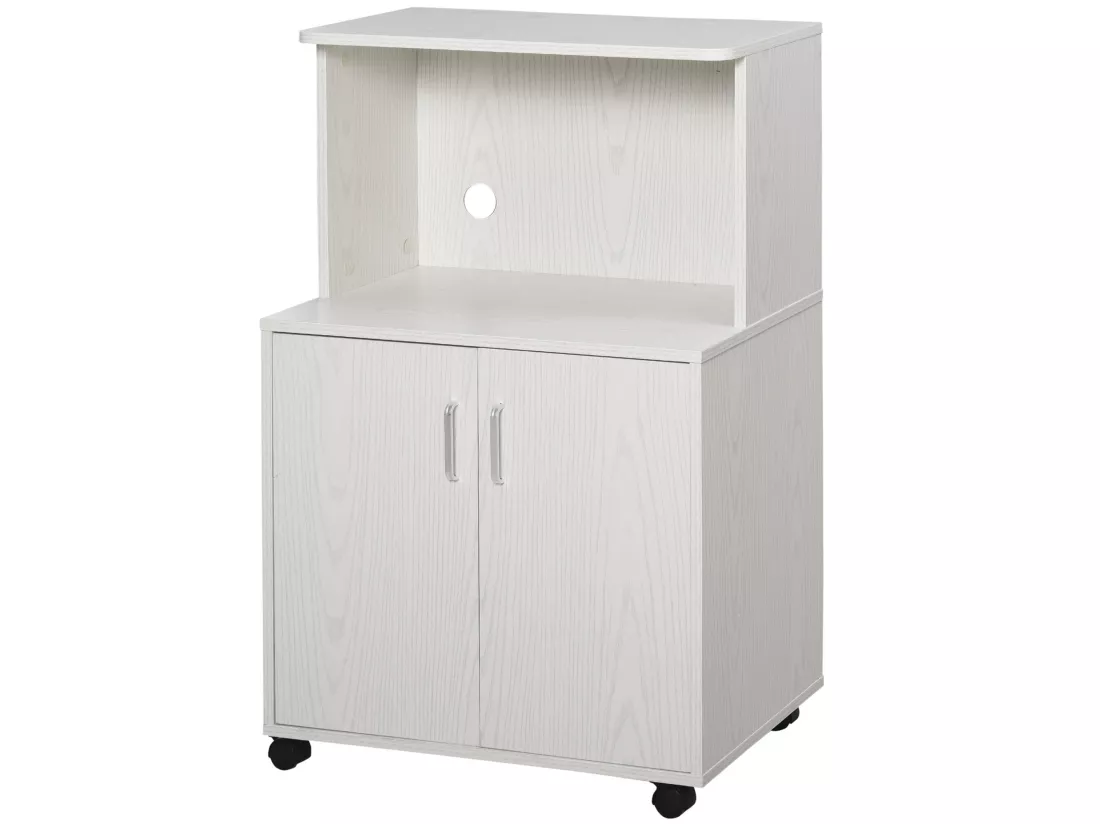 Chariot desserte micro-ondes placard 2 portes - dim. 60,4L x 40,3l x 97H cm - blanc