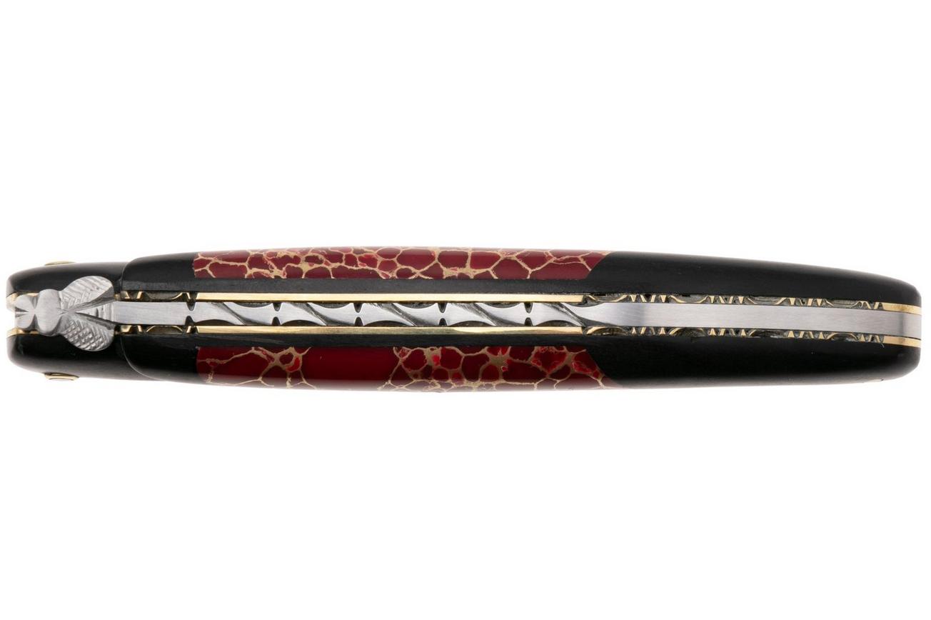 Laguiole en Aubrac Ebony, Jasper Gold Inlay, Handcarved Plates, zakmes, 12 cm
