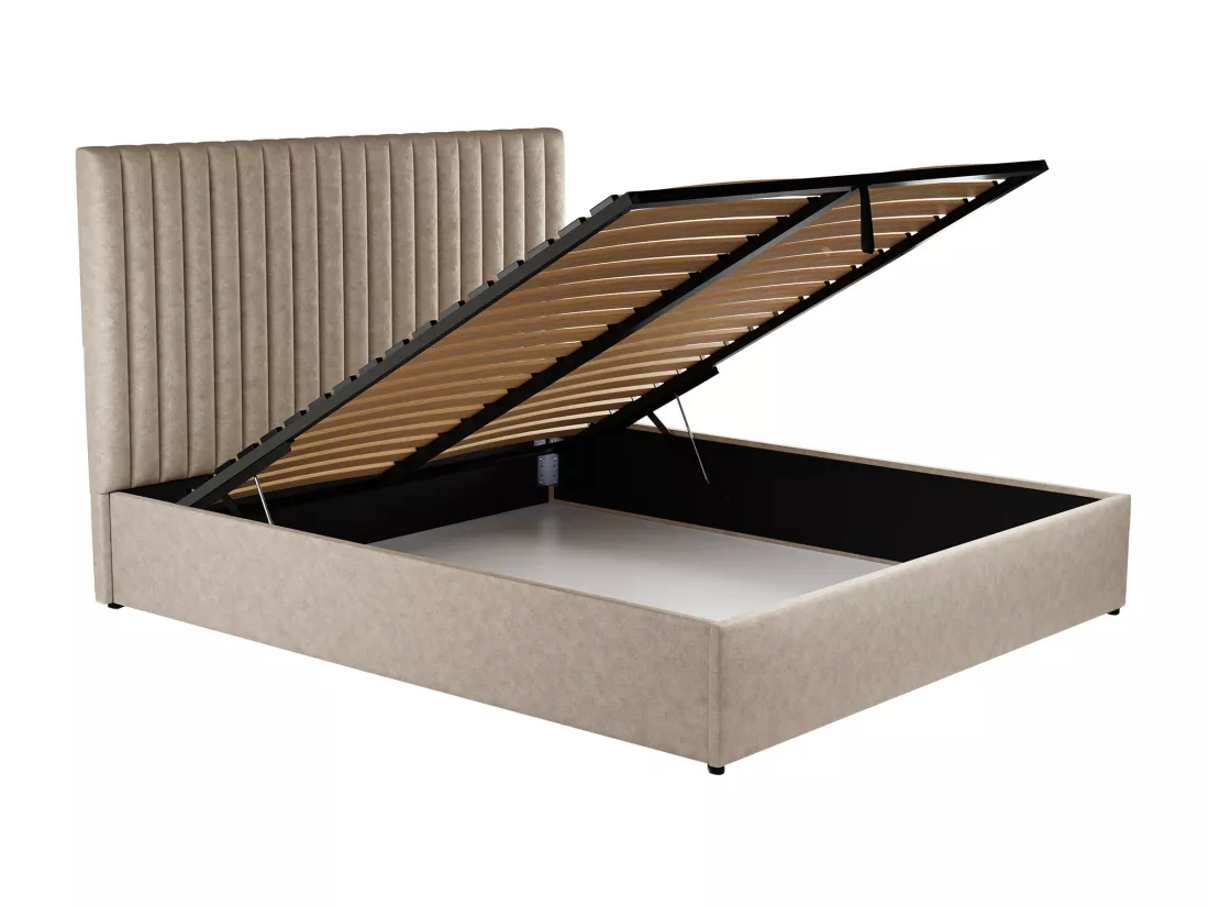 Lit coffre 180 x 200 cm avec tête de lit coutures verticales - Tissu - Taupe - SARAH