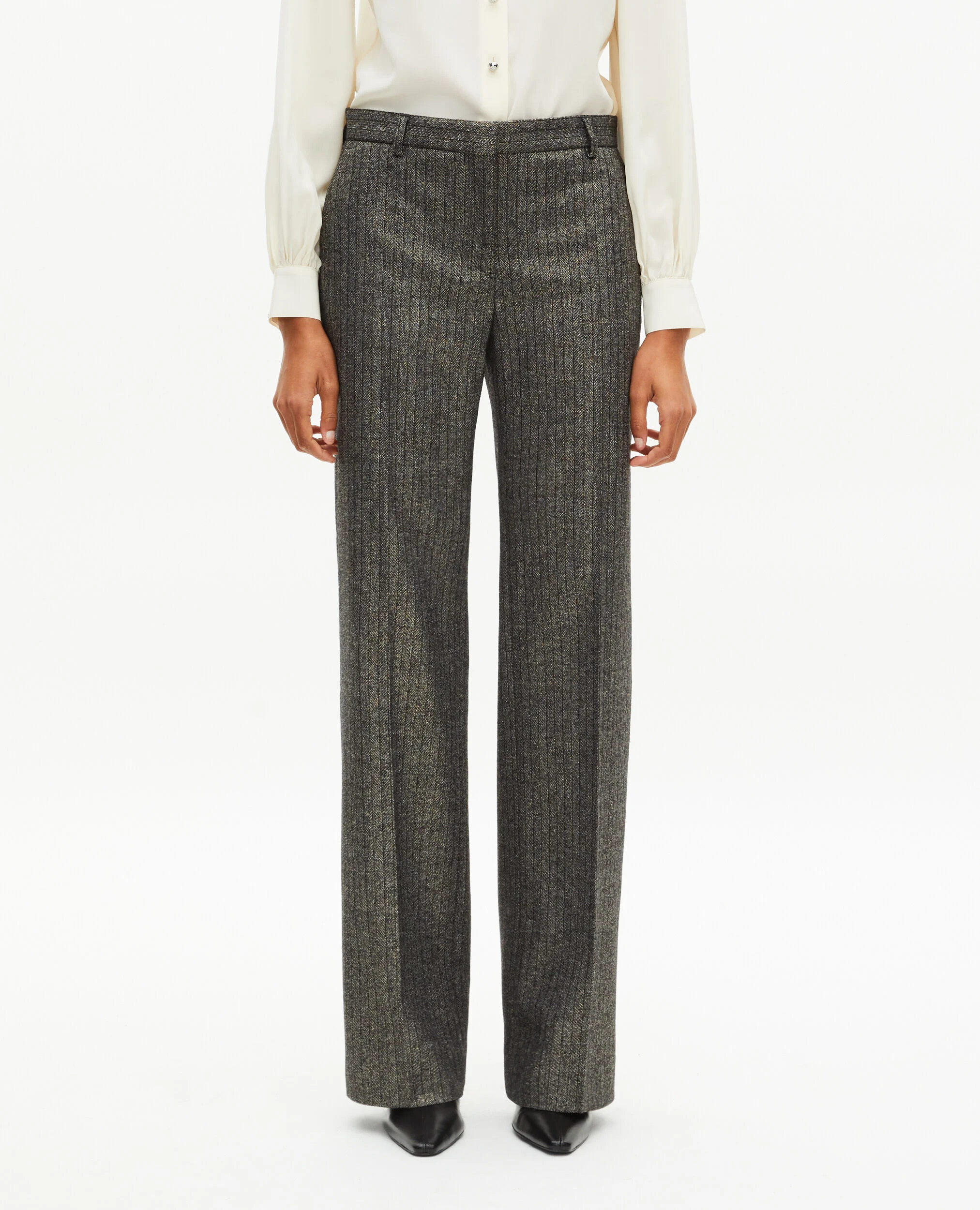 Pantalon tailleur droit à chevrons lurex doré et noir