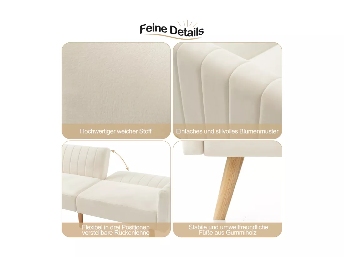 Canapé-lit 2 en 1, canapé-lit minimaliste moderne, canapé pliant multifonctionnel, pieds en bois d'hévéa écologiques, dossier rabattable à 3 voies