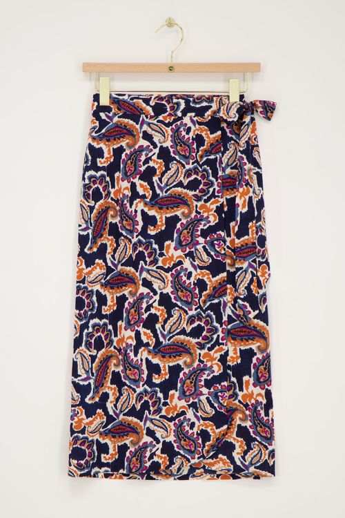 Donkerblauwe midi wikkelrok met paisleyprint