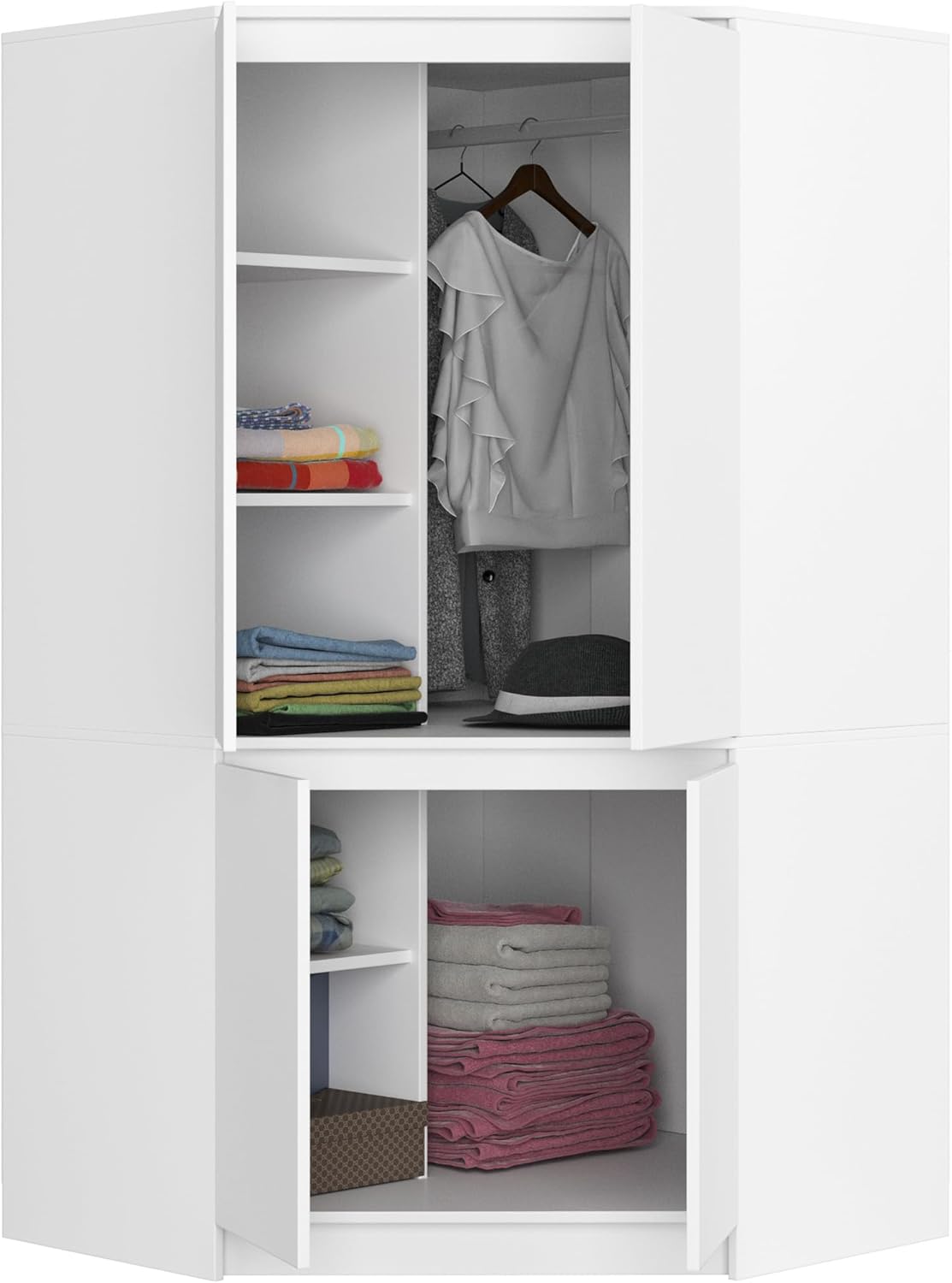 BDW - Eckschrank Schlafzimmer - Kleiderschrank Groß - Schrank 100 cm breit, 180 cm hoch - Eckkleiderschrank mit Kleiderstange und Einlegeböden - Kleiderschrank Weiß