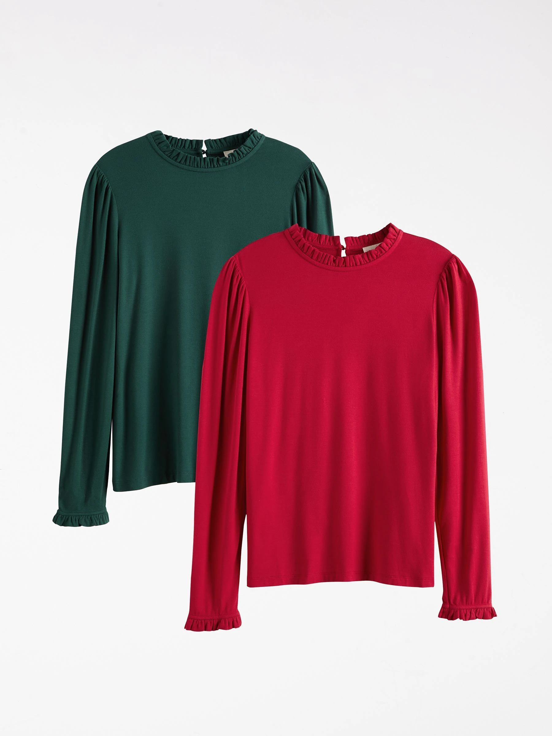 Bes en blauw - Love & Roses jersey top met ruches aan de hals en lange mouwen