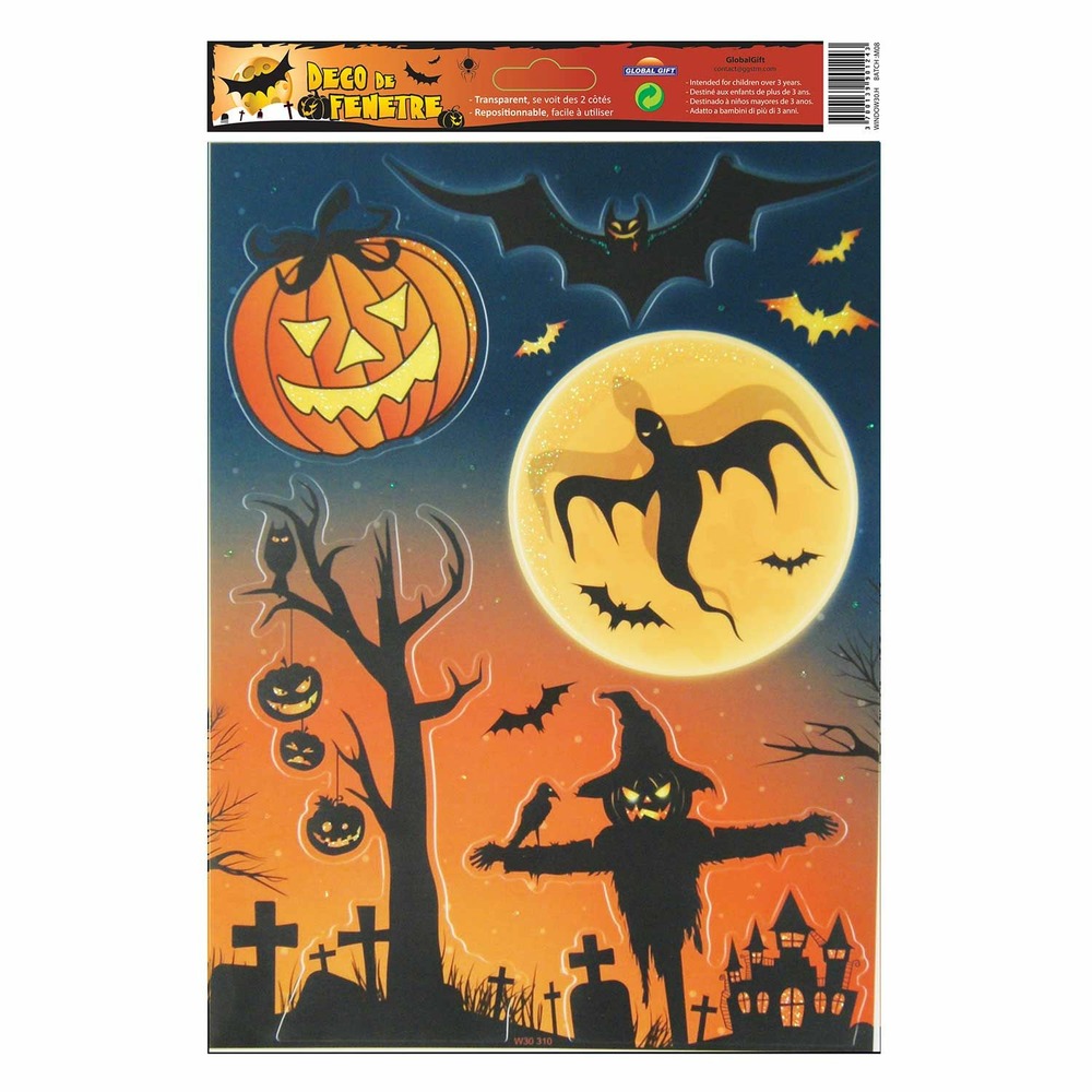 Décoration de fenêtre électrostatique halloween - epouvantail - paillettes