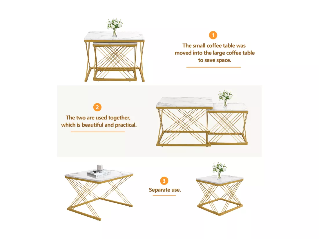Lot de 2 tables gigognes - plateau à motif de marbre - Blanc & Doré