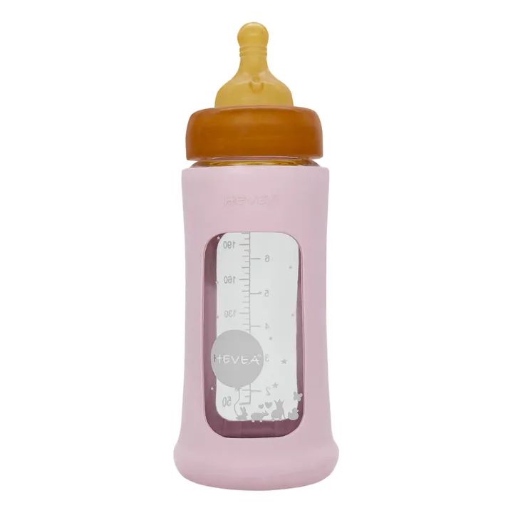 Hevea Biberon en verre à col large avec housse de protection Débit moyen | Rose poudré