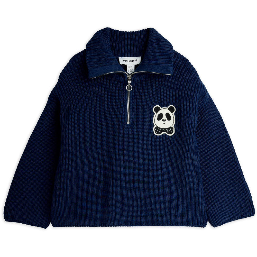 Køb Mini Rodini Blue Panda Patch Chunky Strik Half Zip Sweater