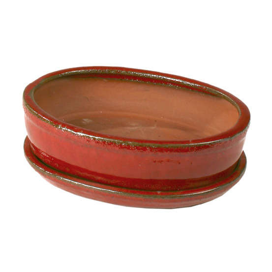 Poterie bonsaï + soucoupe, en terre cuite émaillée L. 21 x l. 16 cm