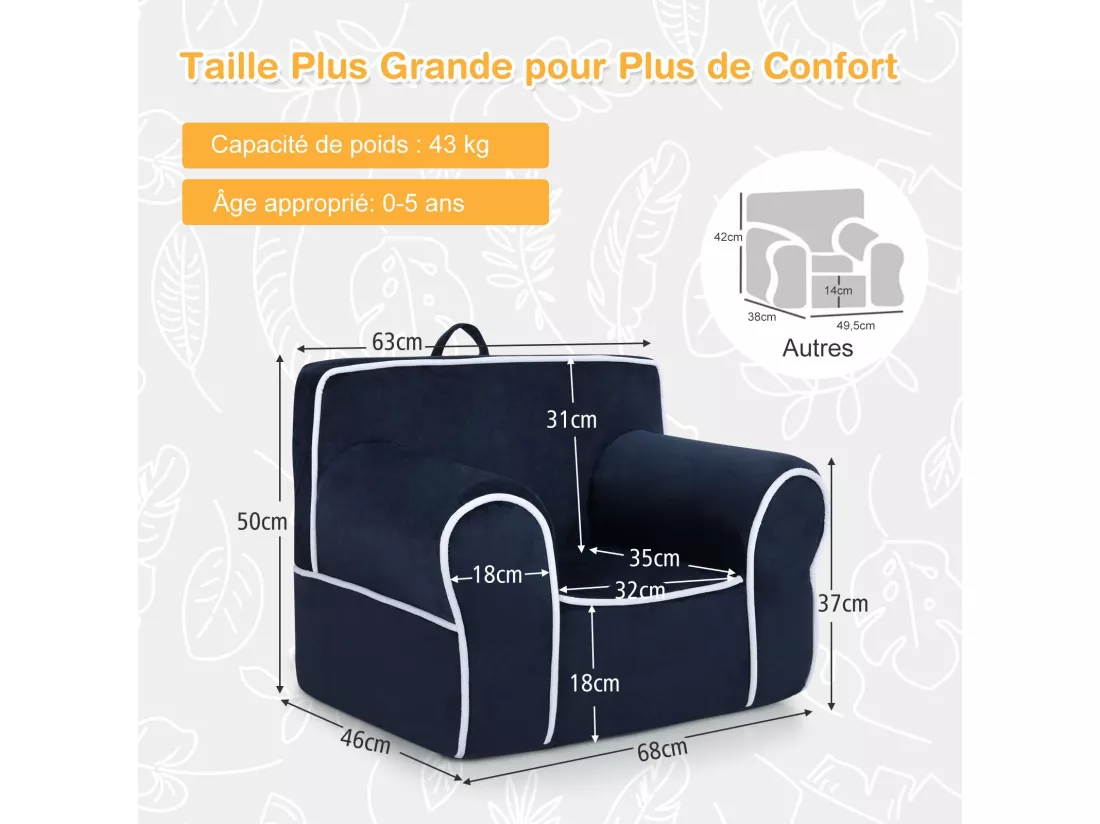 Fauteuil pour Enfant de 0 à 5 Ans, Canapé avec de Tissu en Velours Et Rembourré d’Éponges de Haute Qualité, Chaise pour Salle de Jeux, Chambre, Jardin d'enfants (Bleu Marine)