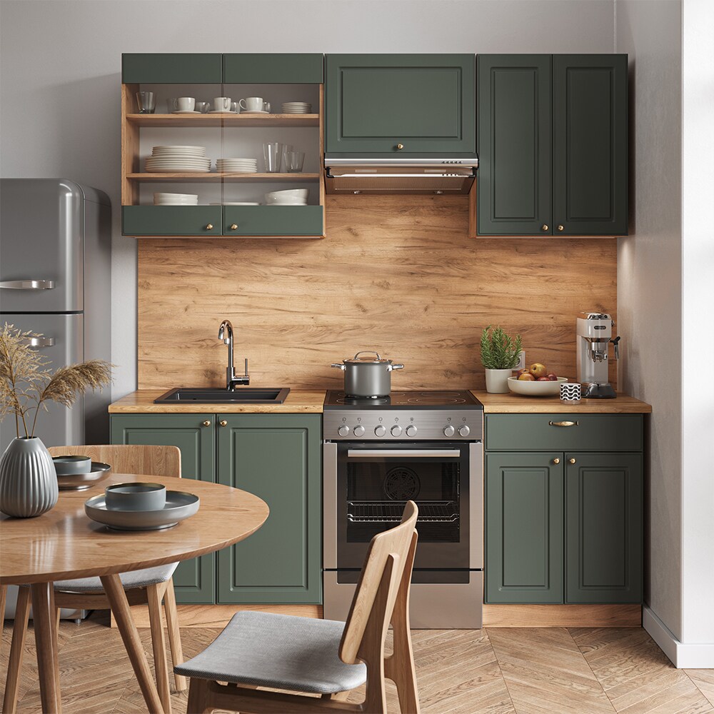 Vicco Küchenzeile Küchenblock Einbauküche Fame-Line Landhaus Eiche Grün Gold 200 cm Küchen Schränke Schubunterschrank Spülenunterschrank Hängeschrank Hängeglasschrank