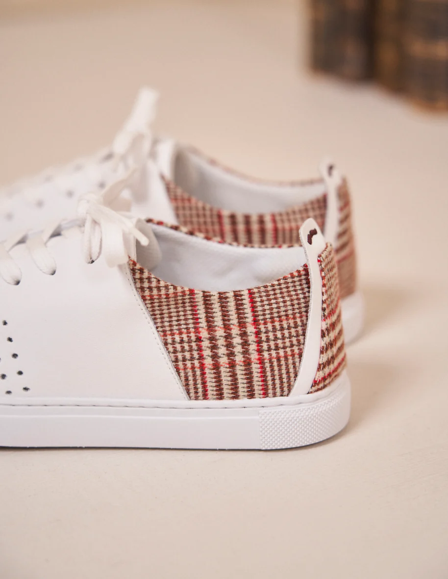 Baskets basses Renée - Cuir blanc et tartan brique