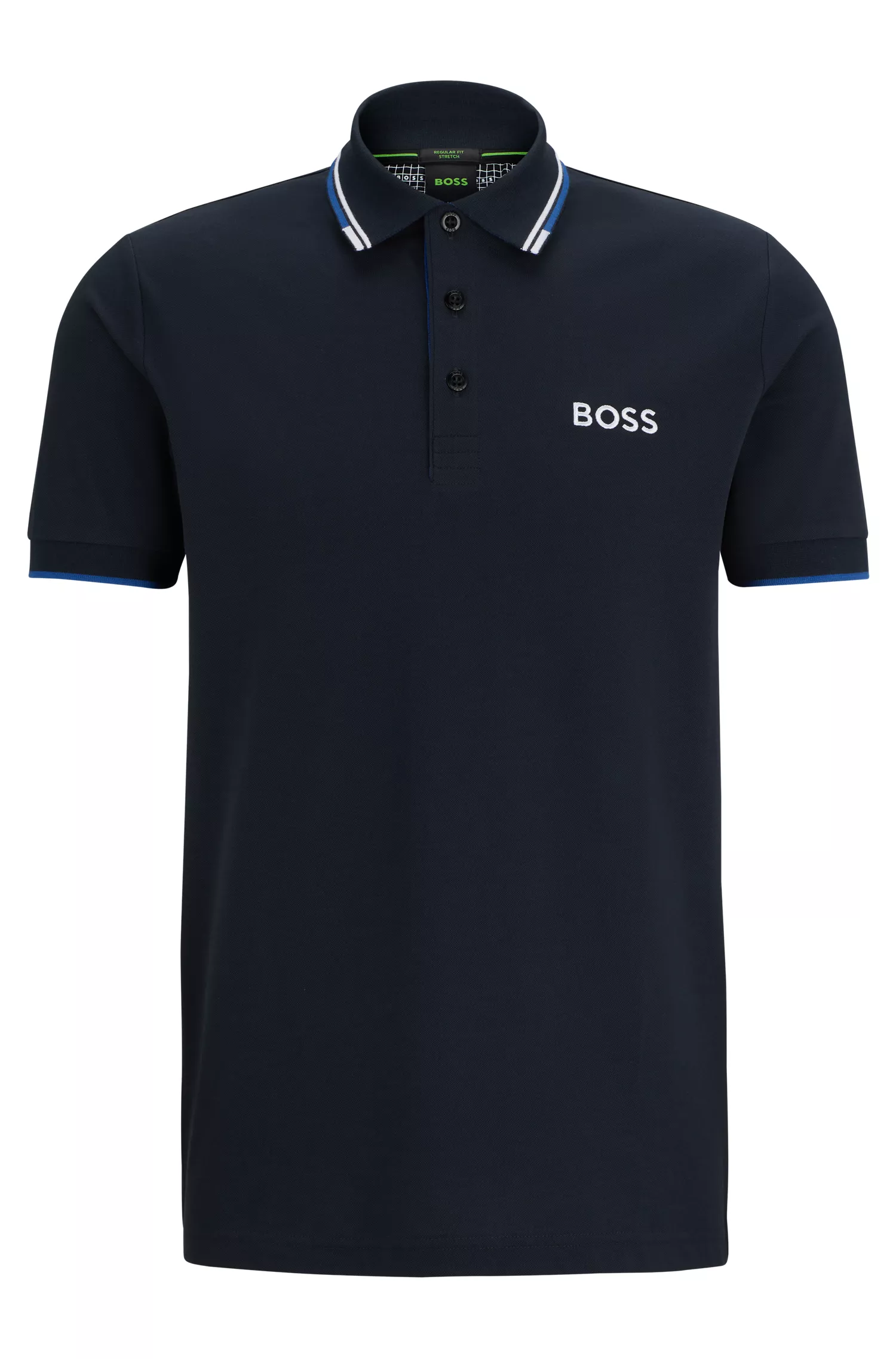 Camisa polo BOSS em mistura de algodão verde com logotipos contrastantes.