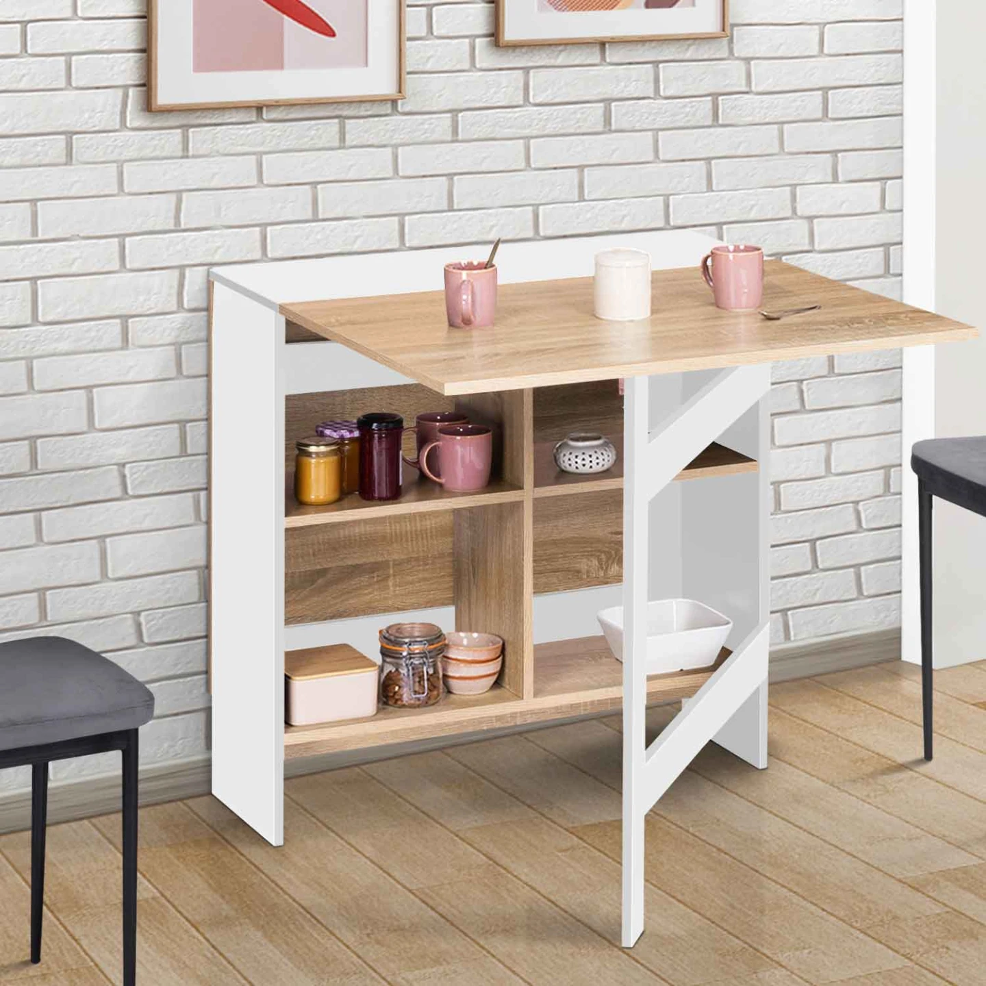 Table console pliable EDI 2-6 personnes avec rangements bois blanc plateau façon hêtre 150 x 80 cm